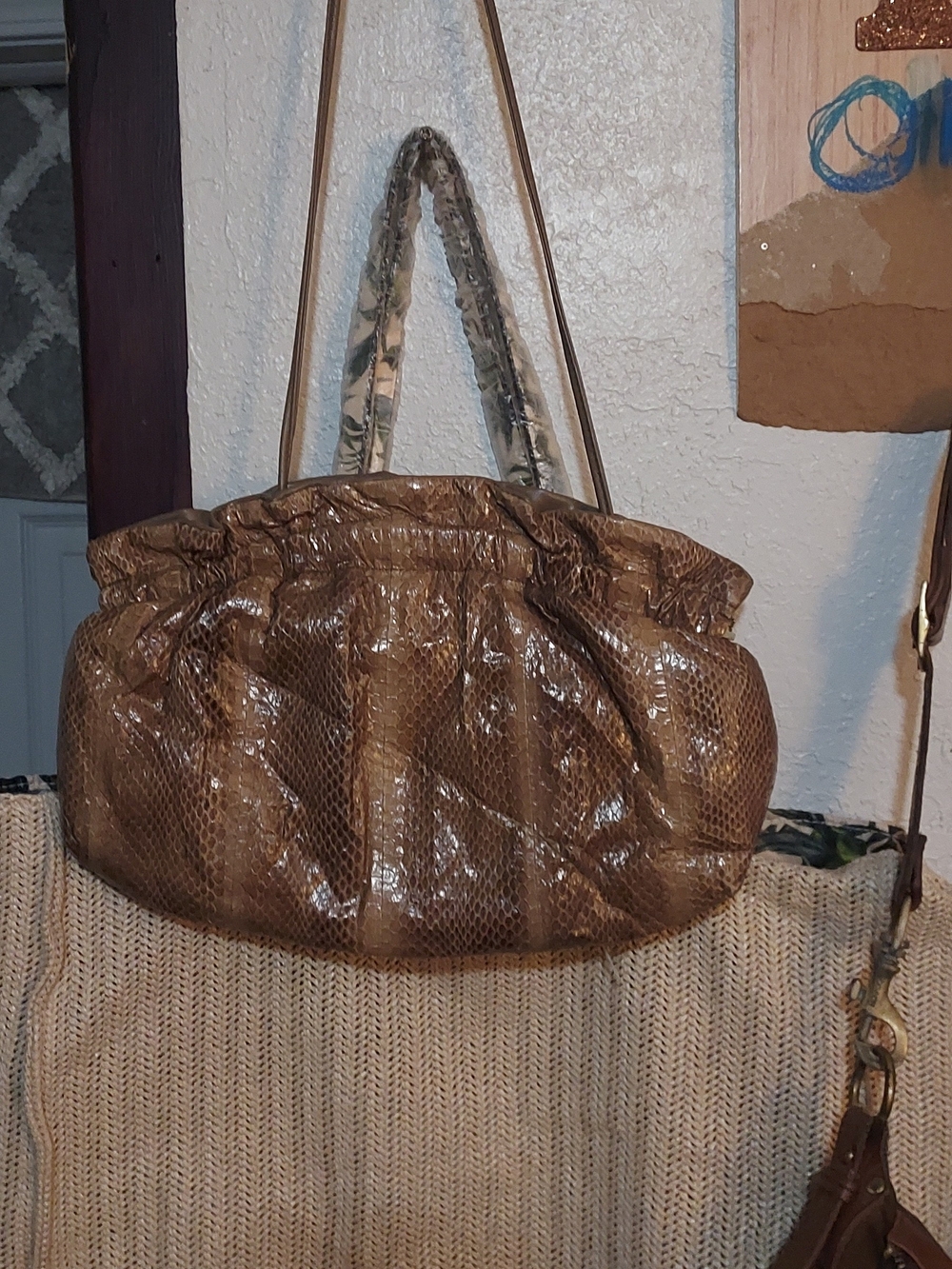 Textured Brown Faux-Snakeskin Shoulder Bag